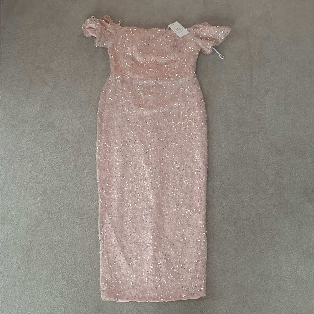 Bella Barnett L peachy Pink Sequin Off-Shoulder Dress NWT